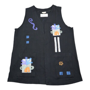 Cite Vest Womens M Black Sleeveless Open Front Pockets Graphic Design Top